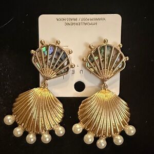 Gold and Iridescent Fan Earrings with Pearl Accents